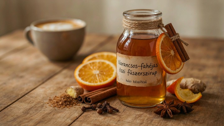 Narancsos-fahéjas őszi fűszerszirup a kávédba - egyedi üvegcímkével ellátva